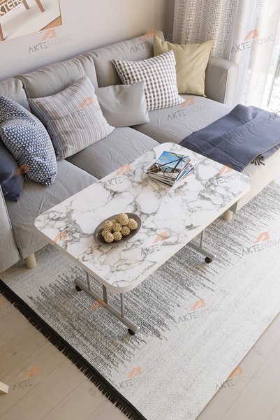 Aktehome Tekerlekli Orta Sehpa 60x100 cm Metal Ayaklı Beyaz Mermer