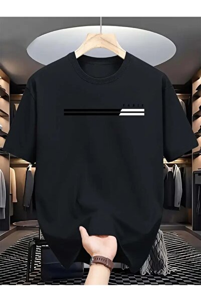 LAND MODA Erkekler için Paris harf baskısı ile rahat bisiklet yaka tişört,