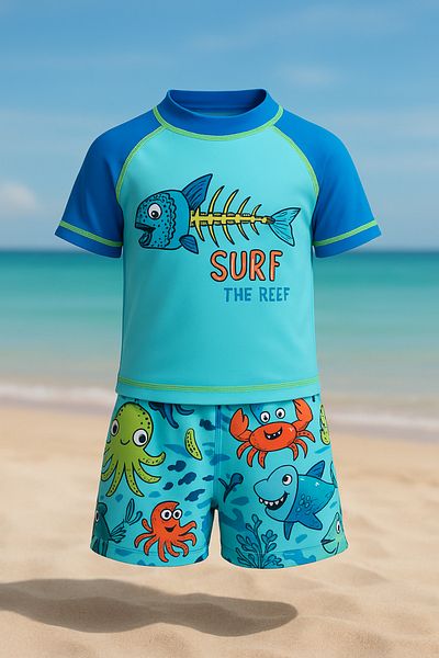 Lolliboomkids Băiat Surfer Fishbone Imprimat Albastru - Galben Alb Tricou Pantaloni Pantaloni Set Costum De Baie Sus Diver Partea Inferioară Parașuta