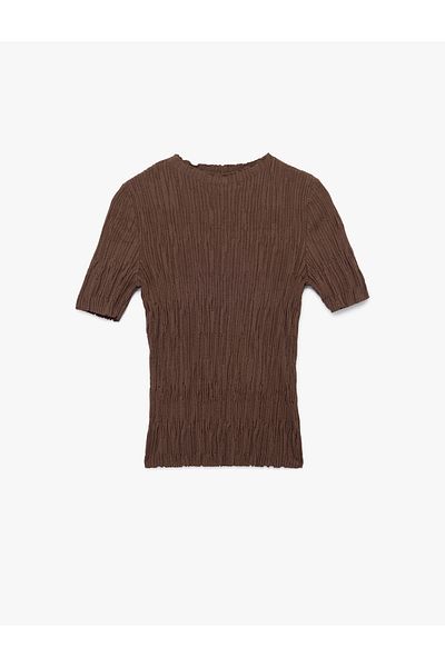 Koton Short Sleeve Crew Neck Gathered Textured Knit Sweater