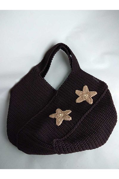 RELYA Women's Bitter Brown Snap Fastener Patterned Knitted Handle Shoulder Bag Width 38 cm Length 30 cm Depth 24 cm