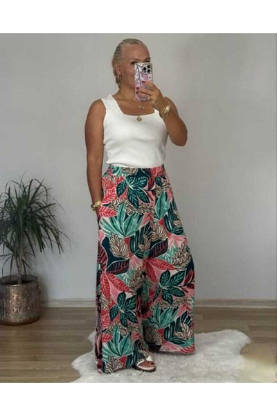 KLEERMAKER Women's Plus Size Cotton Viscose Fabric Elastic Waist Floral Patterned Pocket Skirt Trousers