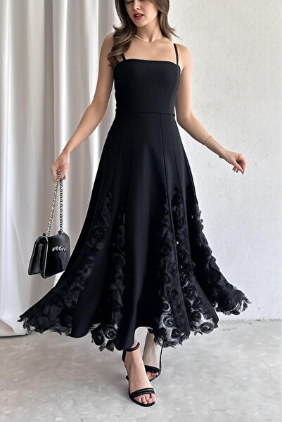 ALFUDO Moda Collection SASSAİ Danteli Siyah Midi Mezuniyet Abiye Elbisesi
