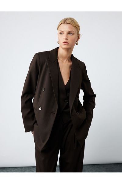 Koton Lined Pocket Double Breasted Long Sleeve Blazer Jacket