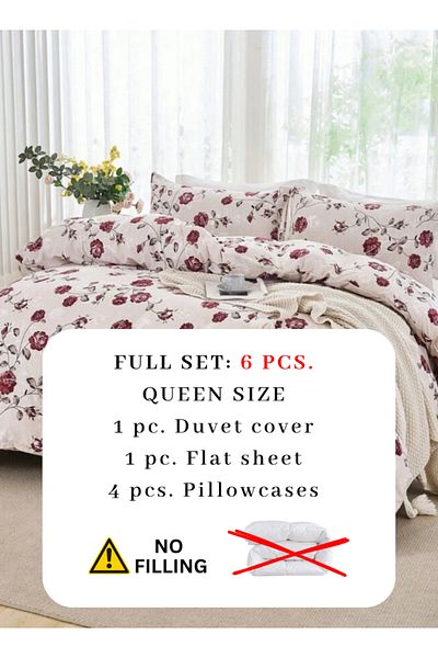LUNA HOME Queen Size 6-piece Duvet Cover Set 200*230cm Beige With Vintage Red Rose Print