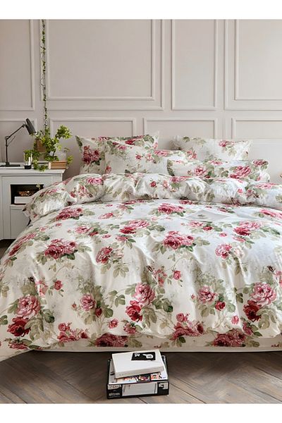 LUNA HOME Queen Size 6-piece Duvet Cover Set 200*230cm Rose Print With Green Leaves.