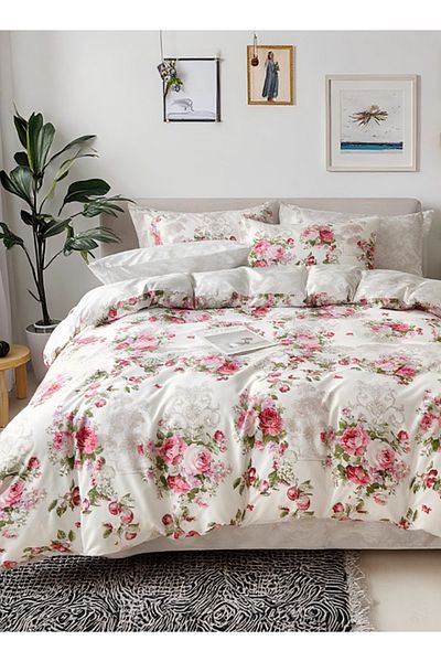 LUNA HOME Queen Size 6-piece Duvet Cover Set 200*230cm With Burgundy Roses, Reversible Style