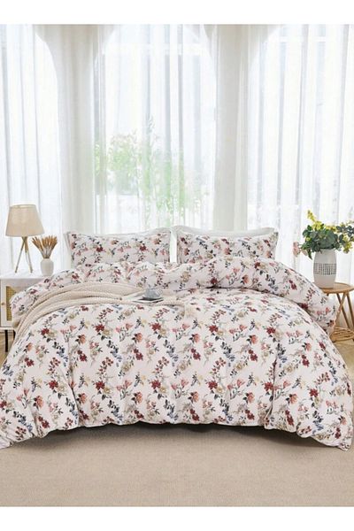 LUNA HOME Queen Size 6-piece Trendy Red Floral Duvet Cover Set, White Color 200*230cm.