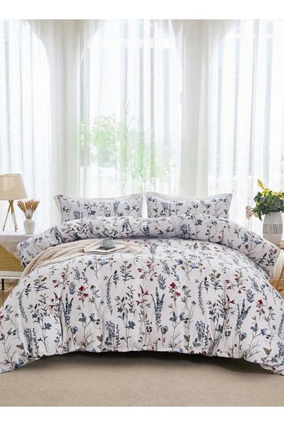 LUNA HOME Queen Size 6-piece Blue Bedding Set Featuring A Botanical Floral Design Duvet Cover