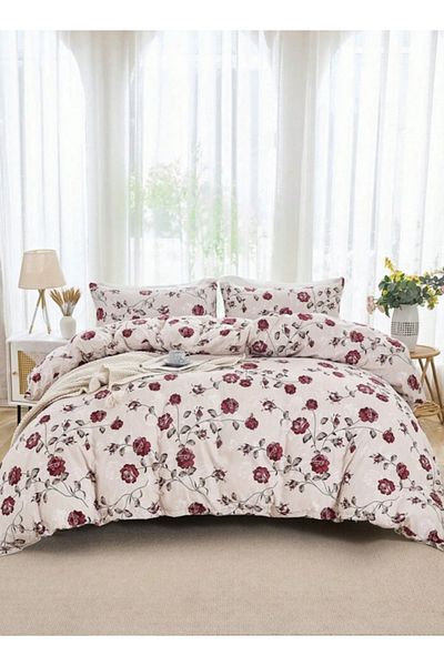 LUNA HOME Queen Size 6-piece Duvet Cover Set 200*230cm Beige With Vintage Red Rose Print