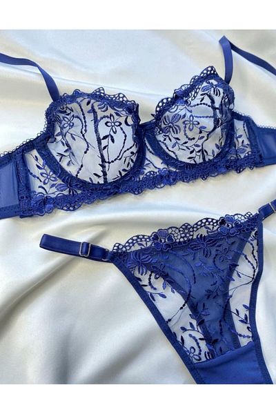 SİLVER MİRROR Set sutien cu dantelă florală albastru închis