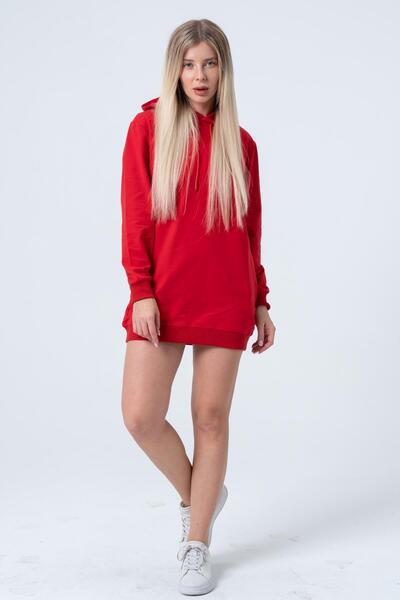 Rich Κόκκινο μακρύ φούτερ φόρεμα τουνίκ μακρυμάνικο με πλαϊνές τσέπες