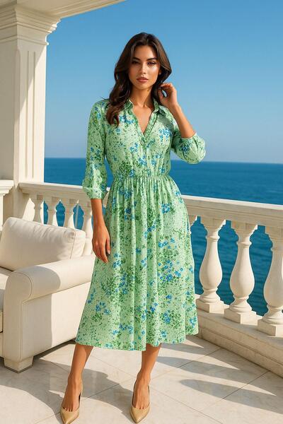 Rich Women's Green Midi Length Floral Dress with Elastic Waist - Buttoned Trend Casual Dress