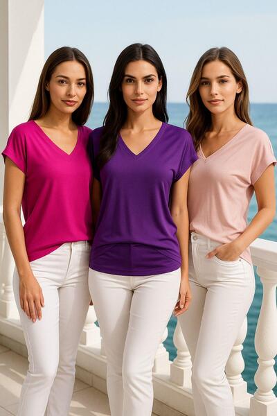 Rich Women's 3 Pack Purple-Pink-Powder Viscose V-Neck T-Shirt Short Sleeve Relaxed Fit Blouse