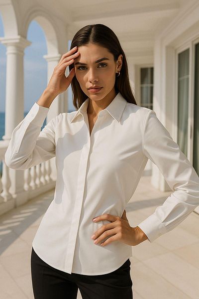 Rich Women's Ecru Hidden Button Detailed Slim Fit Trend Crepe Shirt