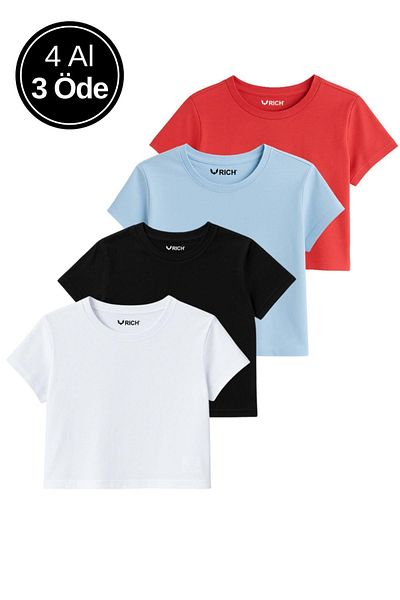 Rich Γυναικείο μπλουζάκι 4 συσκευασιών Oversize Crop T-Shirt 100% βαμβακερό με λαιμόκοψη