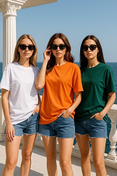 Rich Women's 3 Pack Orange-Green-White 100% Cotton Oversize Basic T-Shirt Crew Neck Relaxed T-Shirt