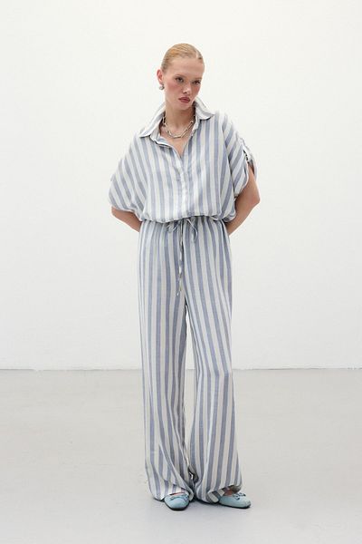 Sateen Pantaloni din amestec de in cu dungi - bleumarin