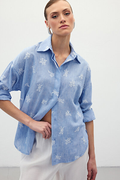 Sateen Salaş Nakışlı Gömlek - Bebe Mavi