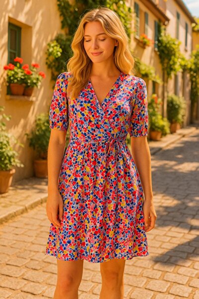 Rich Women's Patterned Double Breasted Floral Mixed Color-Mini Dress -Elastic Waist - Short Sleeve Dress