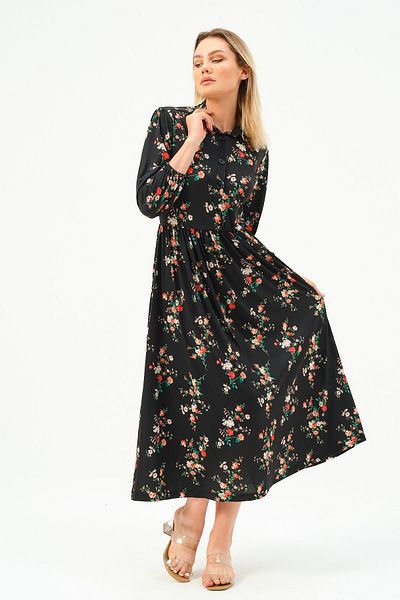 Rich Women's Patterned Straight Long Dress Long Sleeve Tunic Collar Buttoned