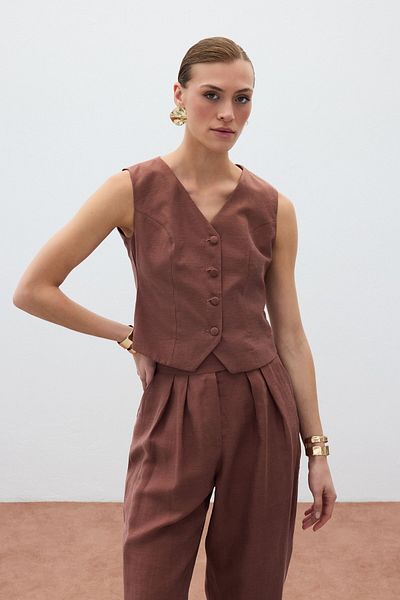 Sateen Linen Vest - Brown