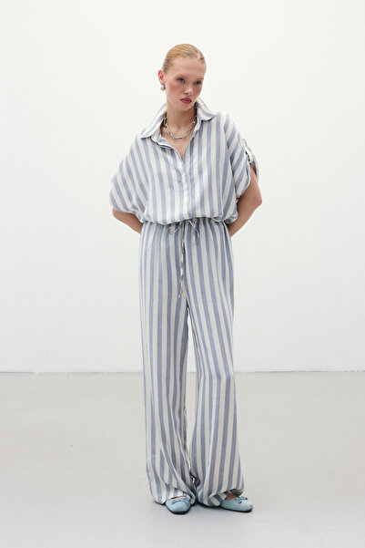 Sateen Смугасті штани з суміші льону - темно-сині