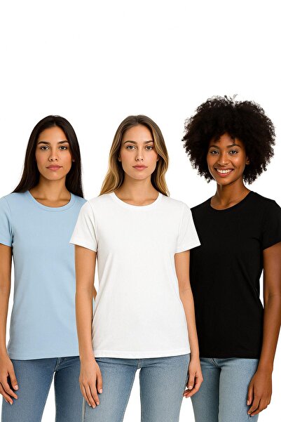 Rich Γυναικείο μπλουζάκι με λαιμόκοψη 3 συσκευασιών μαύρο-άσπρο-μπλε 100% οργανικό βαμβάκι με κανονική κοπή