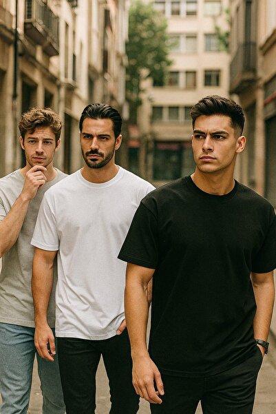 Rich Men's Black-White-Grimelange 3-Pack Black-White-Grey Melange Cotton Oversize T-Shirt Crew Neck