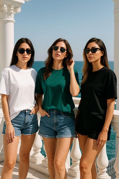 Rich Γυναικείο μπλουζάκι 3 συσκευασιών πράσινο-λευκό-μαύρο 100% βαμβακερό μπλουζάκι με λαιμόκοψη με χαλαρή λαιμόκοψη