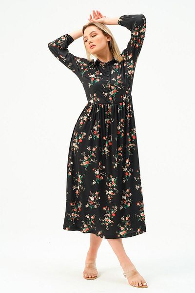 Rich Women's Patterned Straight Long Dress Long Sleeve Tunic Collar Buttoned