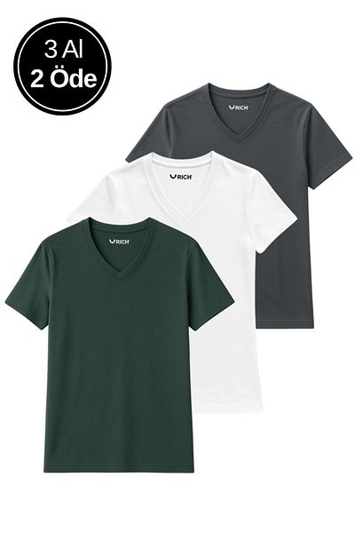 Rich Γυναικείο μπλουζάκι 3 συσκευασιών Anthracite-White-Khaki Oversize T-shirt 100% βαμβακερό με λαιμόκοψη