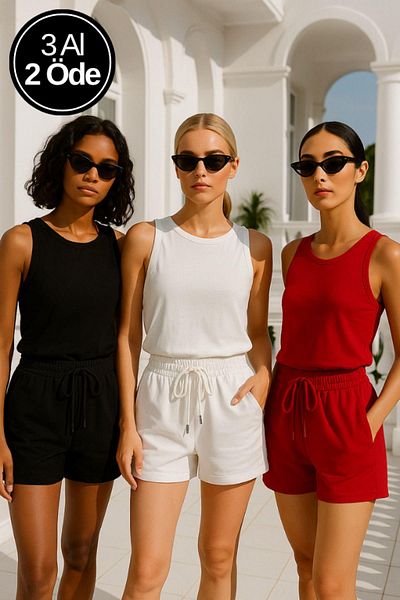 Rich Women's 3 Pack Black-White-Red Relaxed Fit Soft Fabric Elastic Waist Summer Mini Shorts with Pockets