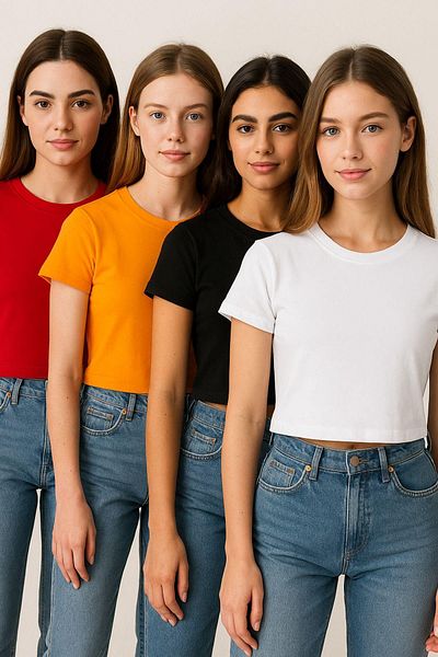 Rich Tricou Crop oversize pentru femei, 4 pachete, 100% bumbac, cu decolteu