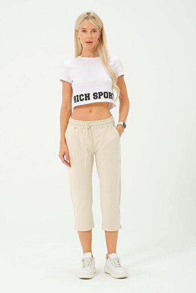 Rich Kadın Capri Beli Lastikli Rahat Kesim Günlük Düz Ekru Kapri Pantolon