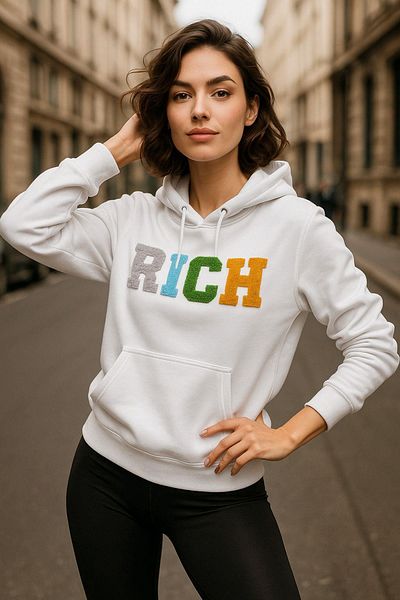 Rich Γυναικείο φούτερ εκρού με κουκούλα με 2 κλωστές Φούτερ με στάμπα Oversize