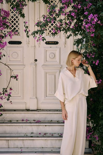 Sateen Casual Blouse with Accessories - Stone