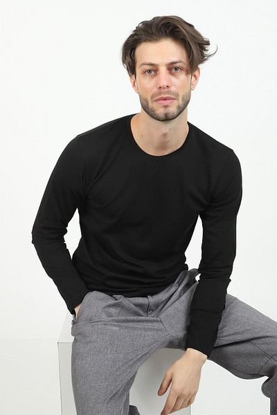 Jim Poweel Tricou de bază negru cu mânecă lungă pentru bărbați