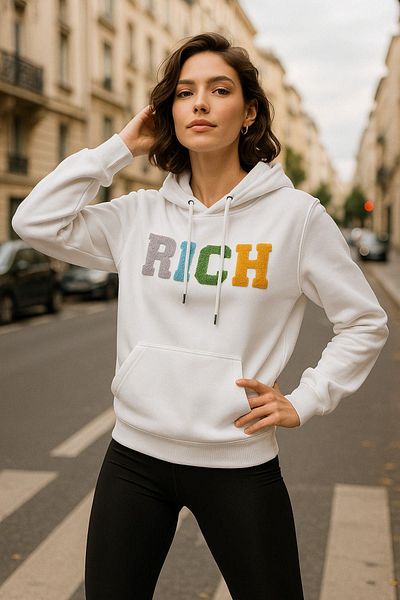 Rich Γυναικείο φούτερ εκρού με κουκούλα με 2 κλωστές Φούτερ με στάμπα Oversize