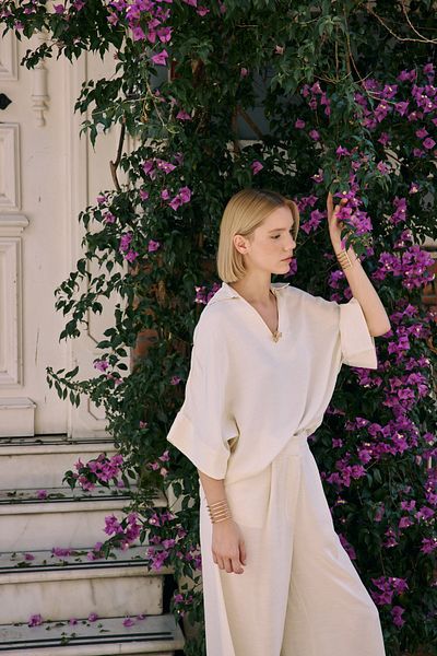 Sateen Casual Blouse with Accessories - Stone