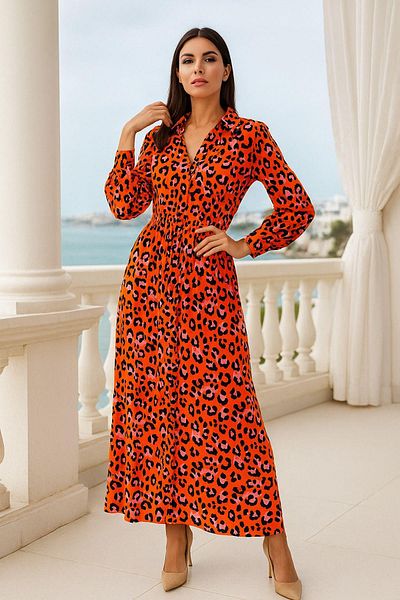 Rich Women's Orange Long Length Dress - Button up Leopard Print Elegant Dress