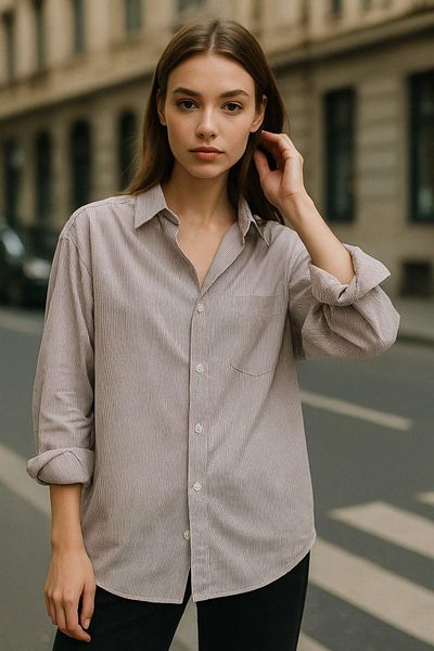 Rich Γυναικείο μπορντό ριγέ λευκό πουκάμισο oversize Over Fit Relaxed πουκάμισο