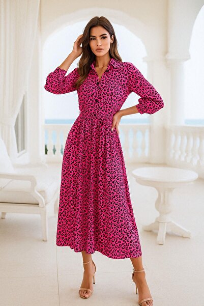Rich Women's Pink Leopard Print Long Length Dress - Elegant Dress with Button Waist Elastic