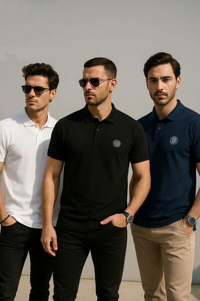Rich Men's 3 Pack T-Shirt Relaxed Fit 100% Cotton Polo Neck T-Shirt Black-Navy-White