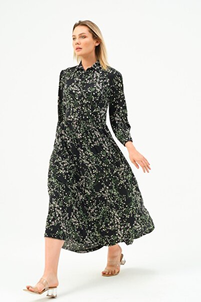 Rich Γυναικείο μονόχρωμο μακρύ φόρεμα με μακρυμάνικο γιακά με κουμπιά