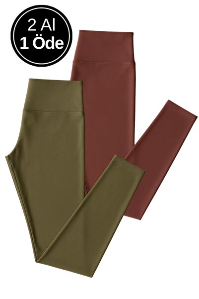 Rich Жіночий 2-х комплект довгих легінсів хакі - фіолетові з високою талією, ...