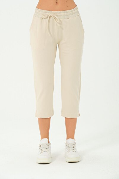Rich Kadın Capri Beli Lastikli Rahat Kesim Günlük Düz Ekru Kapri Pantolon