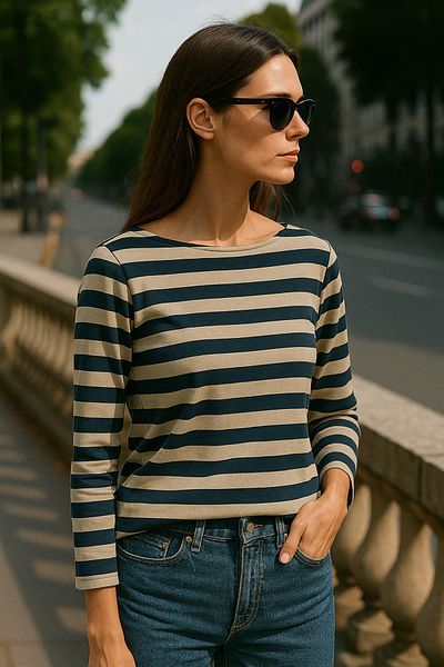 Rich Γυναικεία ριγέ βασική μπλούζα - Navy Blue Beige 3/4 μανίκι - Casual άνετο κομψό συνδυασμό - Νέα σεζόν Trend