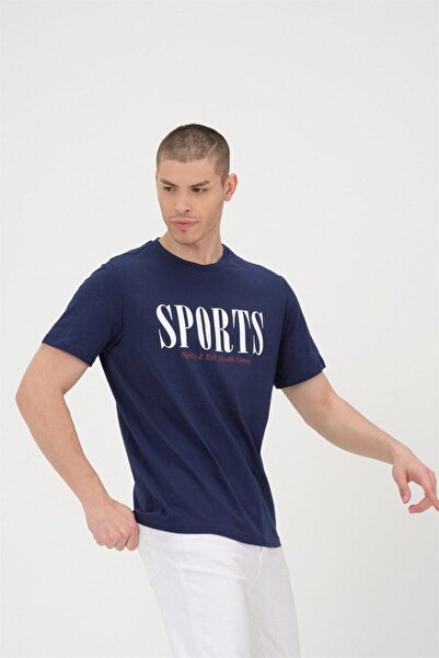 Rich Ανδρικό μπλουζάκι Navy Blue Basic με εμπριμέ λεπτή εφαρμογή 100% βαμβακερό μπλουζάκι