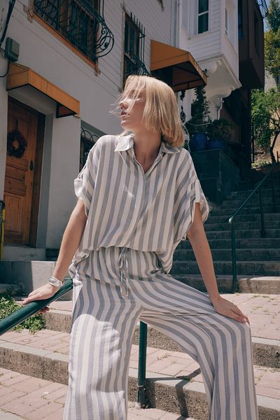 Sateen Striped Short Sleeve Shirt - Navy Blue
